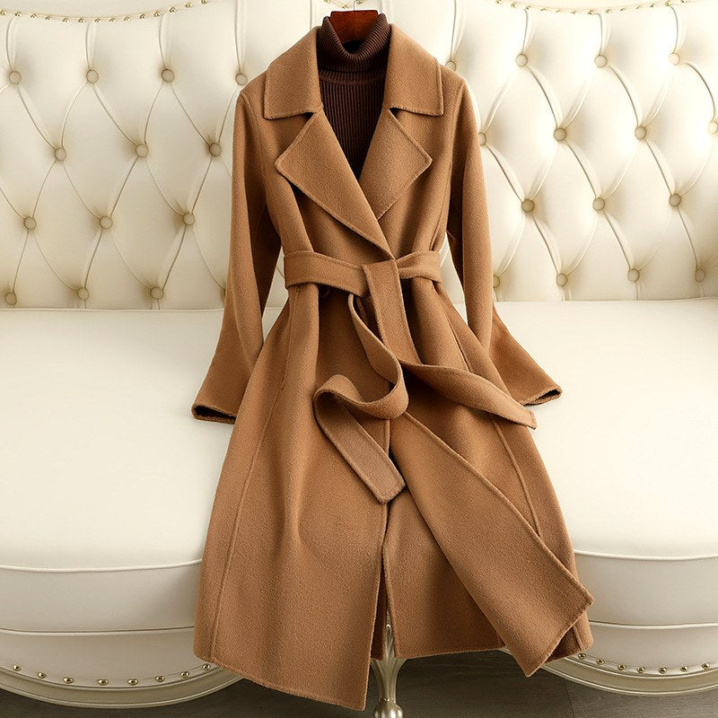 Victoria - Women’s Long Belted Wrap Wool Coat with Notch Lapels