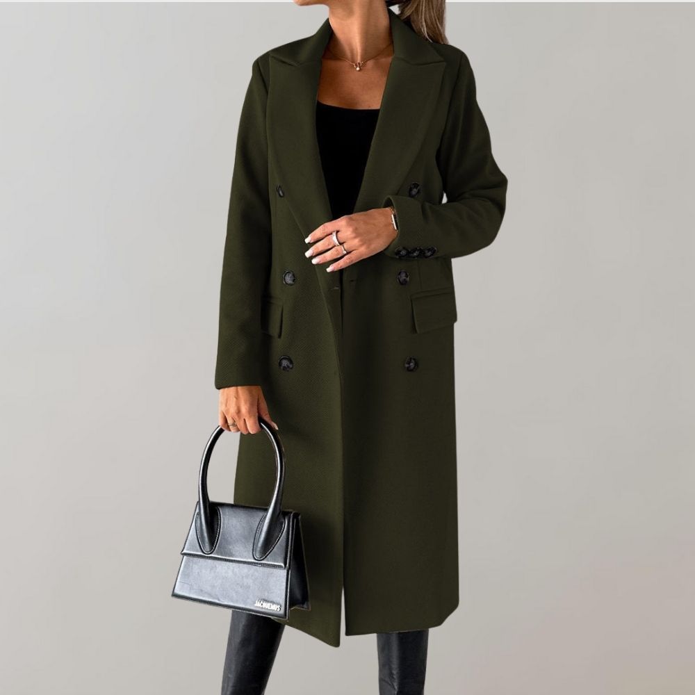Women’s Double-Breasted Long Winter Coat with Notched Lapels and Flap Pockets – Classic Tailored Outerwear for Work and Elegant Cold-Weather Dressing