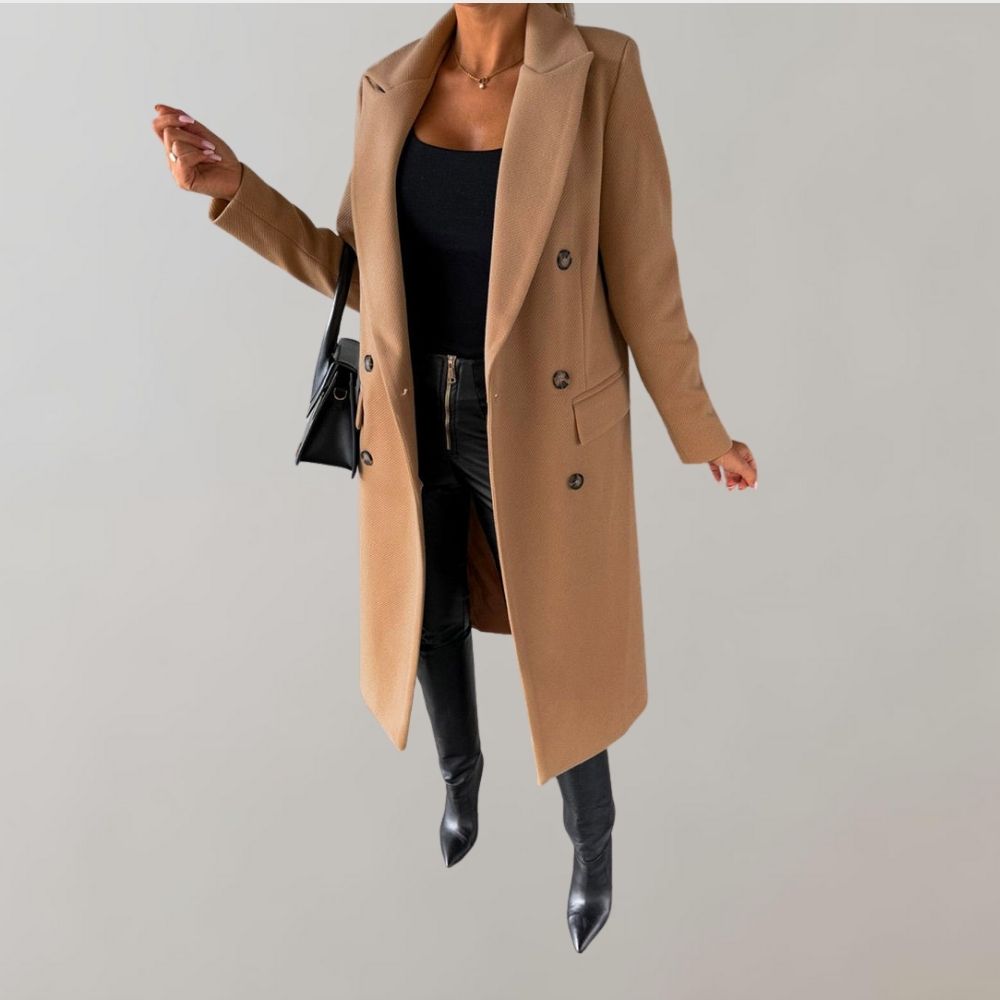 Women’s Double-Breasted Long Winter Coat with Notched Lapels and Flap Pockets – Classic Tailored Outerwear for Work and Elegant Cold-Weather Dressing