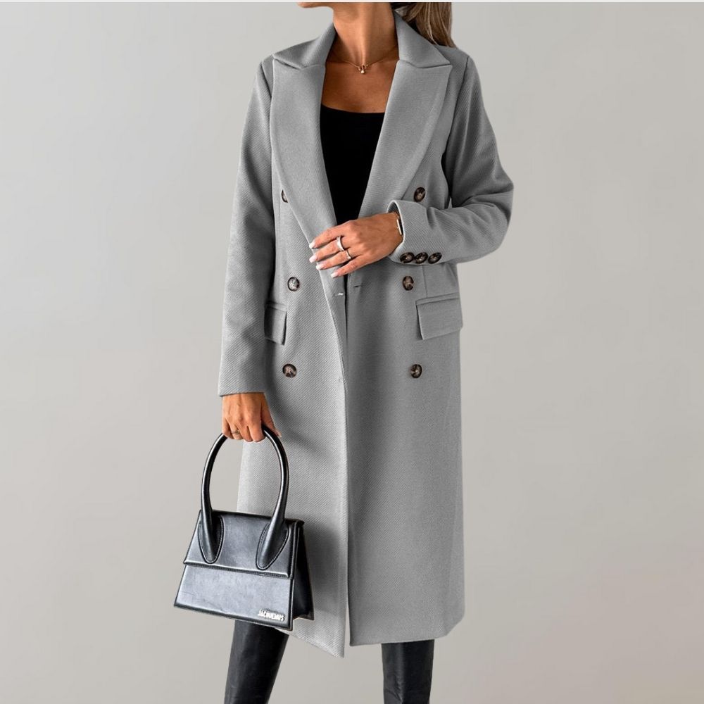 Women’s Double-Breasted Long Winter Coat with Notched Lapels and Flap Pockets – Classic Tailored Outerwear for Work and Elegant Cold-Weather Dressing