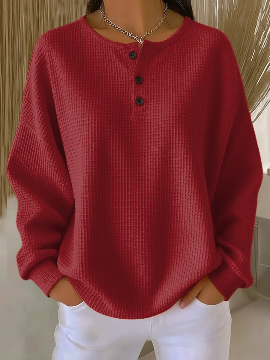 Margo-Hope Waffle Knit Henley Sweatshirt