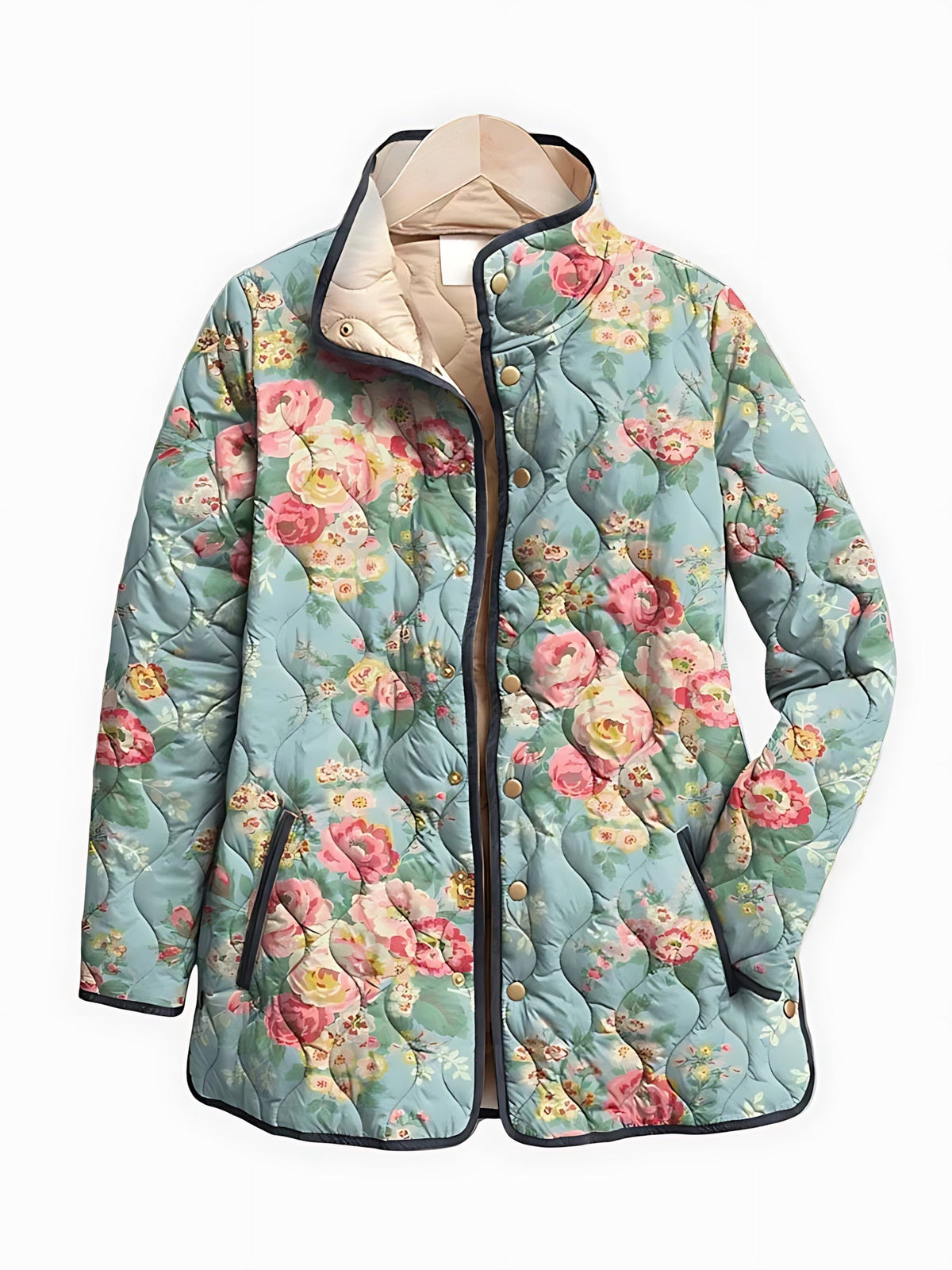 Women's Lightweight Quilted Jacket with Printed Design and Stand Collar – Relaxed Fit Long Sleeve Casual Outerwear with Button and Zip Fastening for Spring and Autumn Everyday Wear