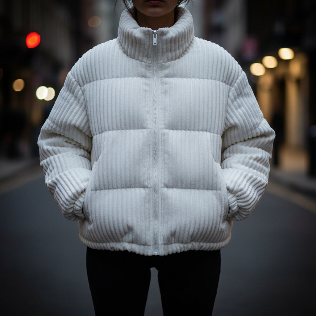 Puffer Jacket Corduroy Quilted Cropped Boxy with Elasticated Sleeves