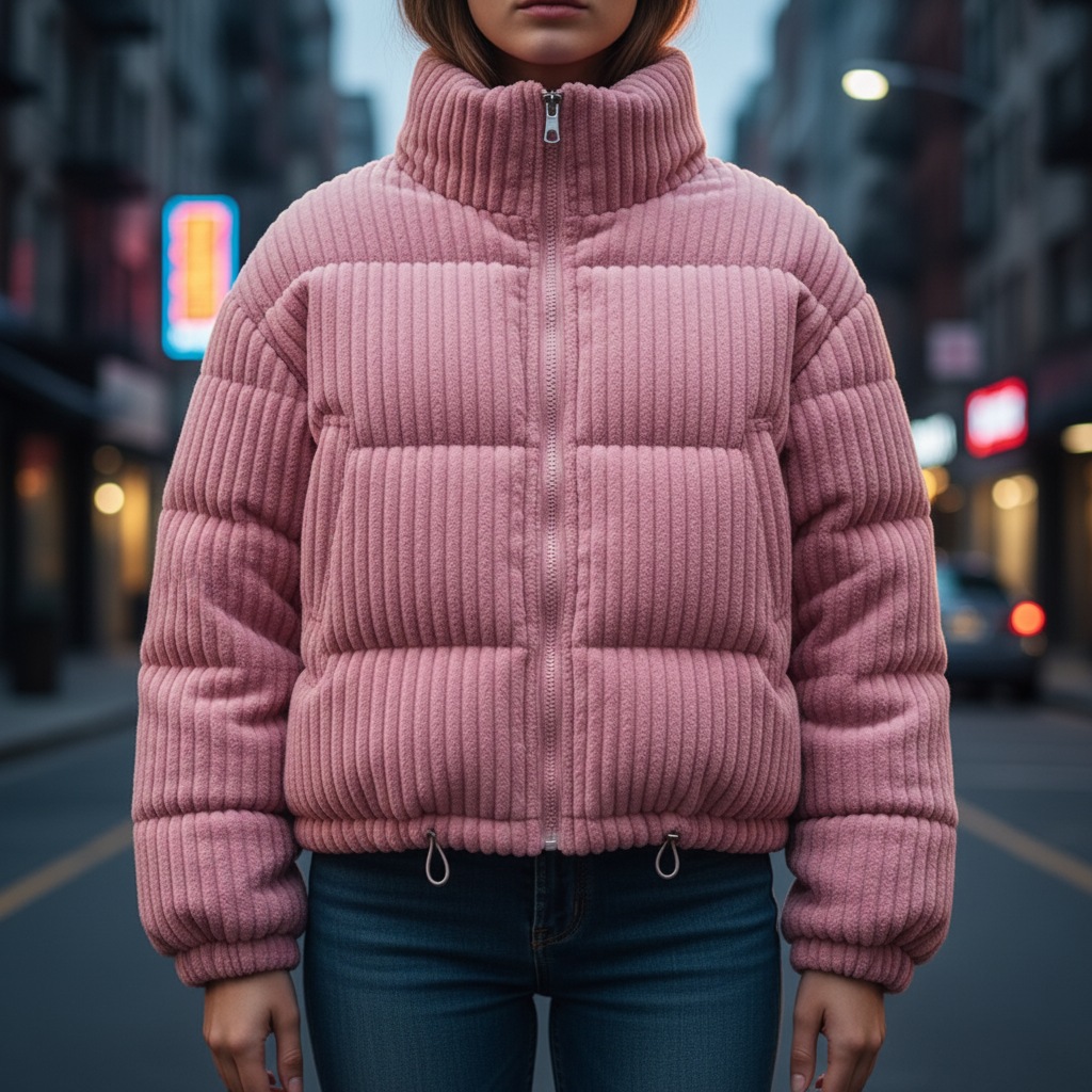 Puffer Jacket Corduroy Quilted Cropped Boxy with Elasticated Sleeves