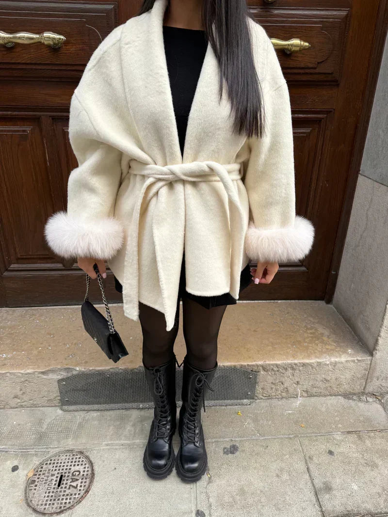 Women's Belted Wool Wrap Coat with Fur-Trimmed Cuffs – Elegant Short Winter Outerwear for Smart Casual Wear