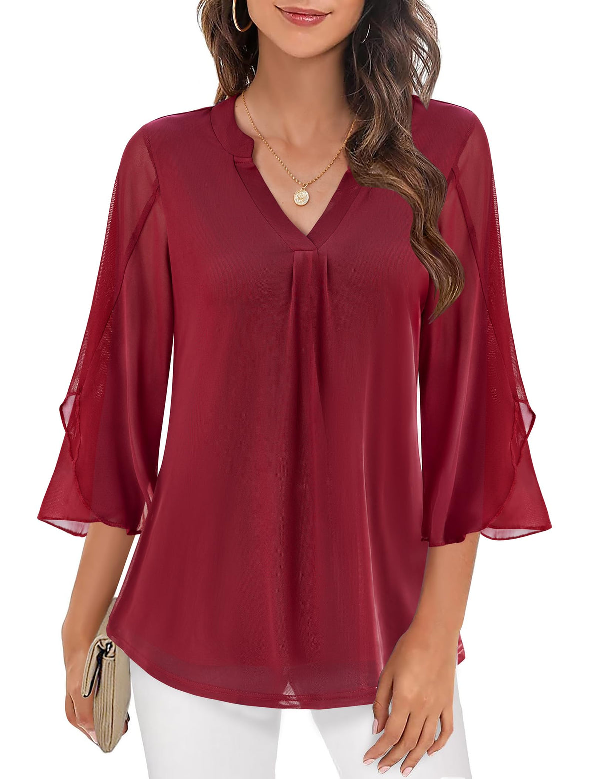Women's Elegant Printed Mesh V Neck Blouse with Flared Three Quarter Sleeves – Lightweight Layered Top for Office and Smart Casual Wear