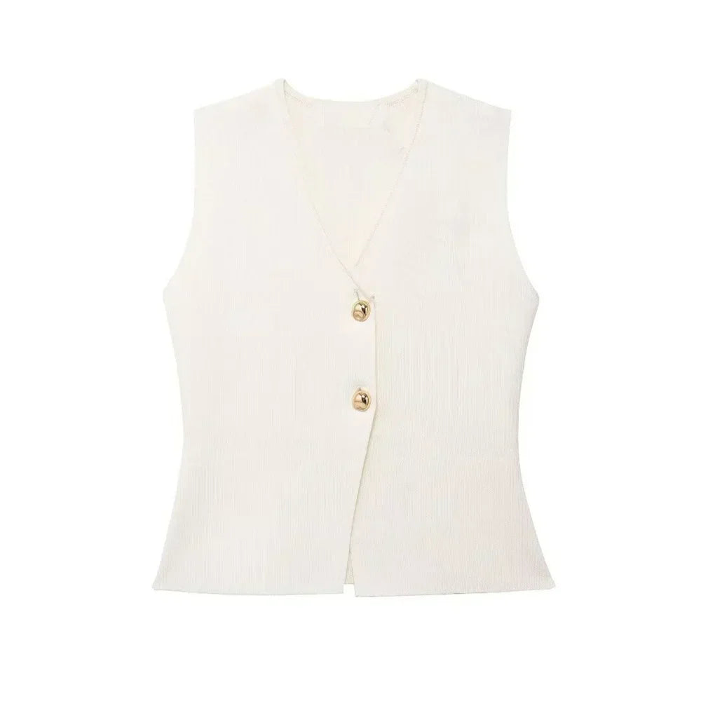 Women's Elegant Sleeveless Knitted Waistcoat with Asymmetric Button Front – Fitted V Neck Vest Top for Smart Casual and Office Wear