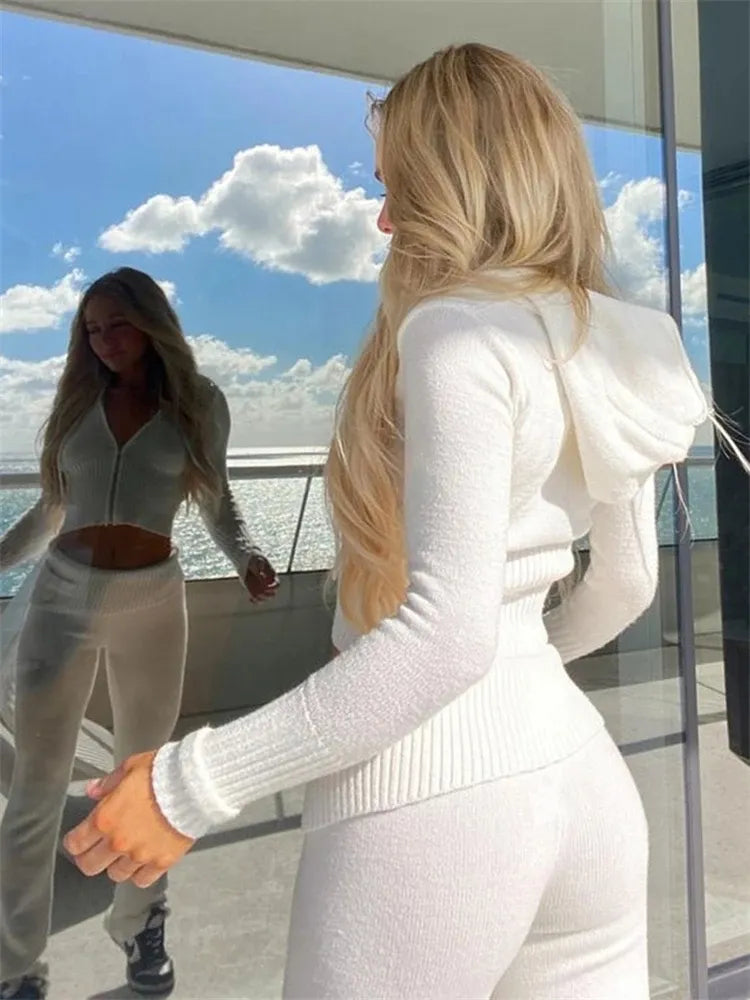 Women's Zip Front Lounge Set with Cropped Top and Flared Trousers
