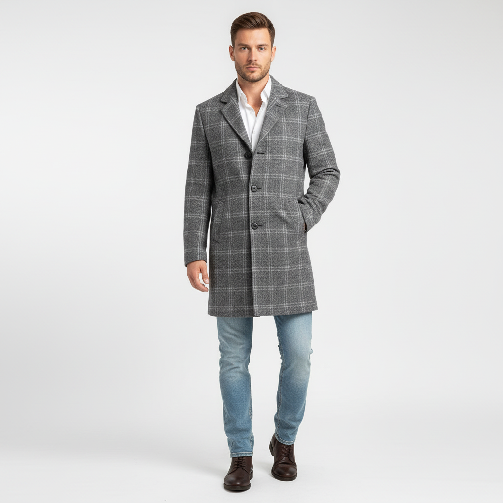 Men's Wool Blend Check Overcoat | Smart Tailored Coat