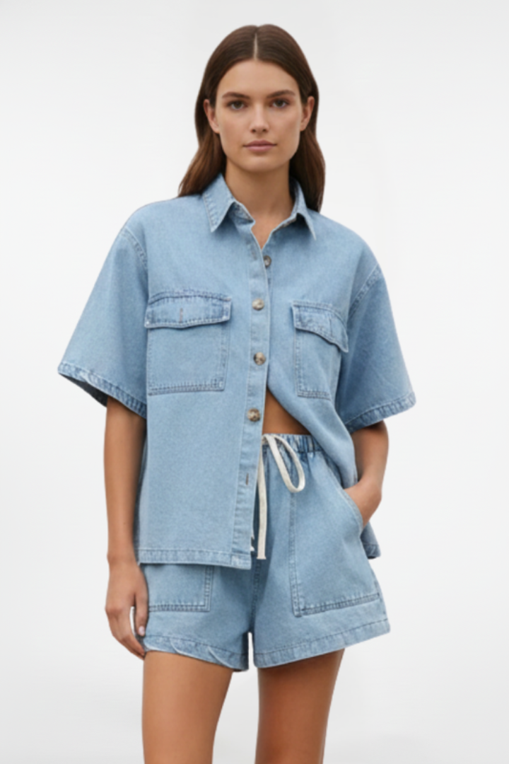Women's Relaxed Denim Two-Piece Summer Set – Oversized Short Sleeve Button Front Shirt and Drawstring Shorts for Casual Everyday Wear