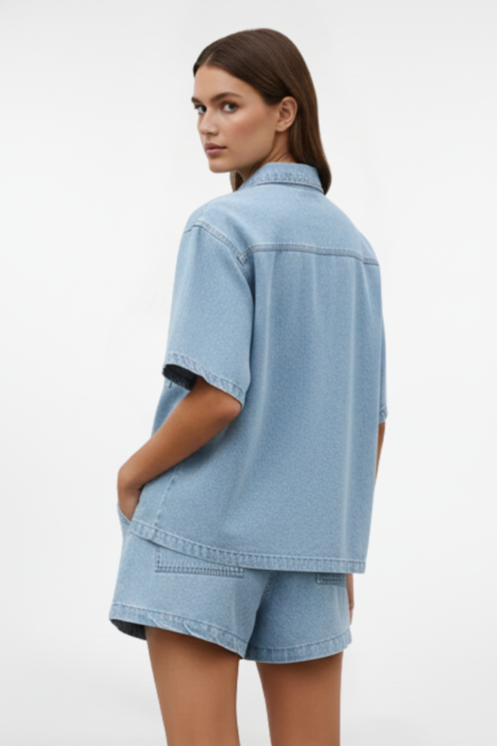 Women's Relaxed Denim Two-Piece Summer Set – Oversized Short Sleeve Button Front Shirt and Drawstring Shorts for Casual Everyday Wear