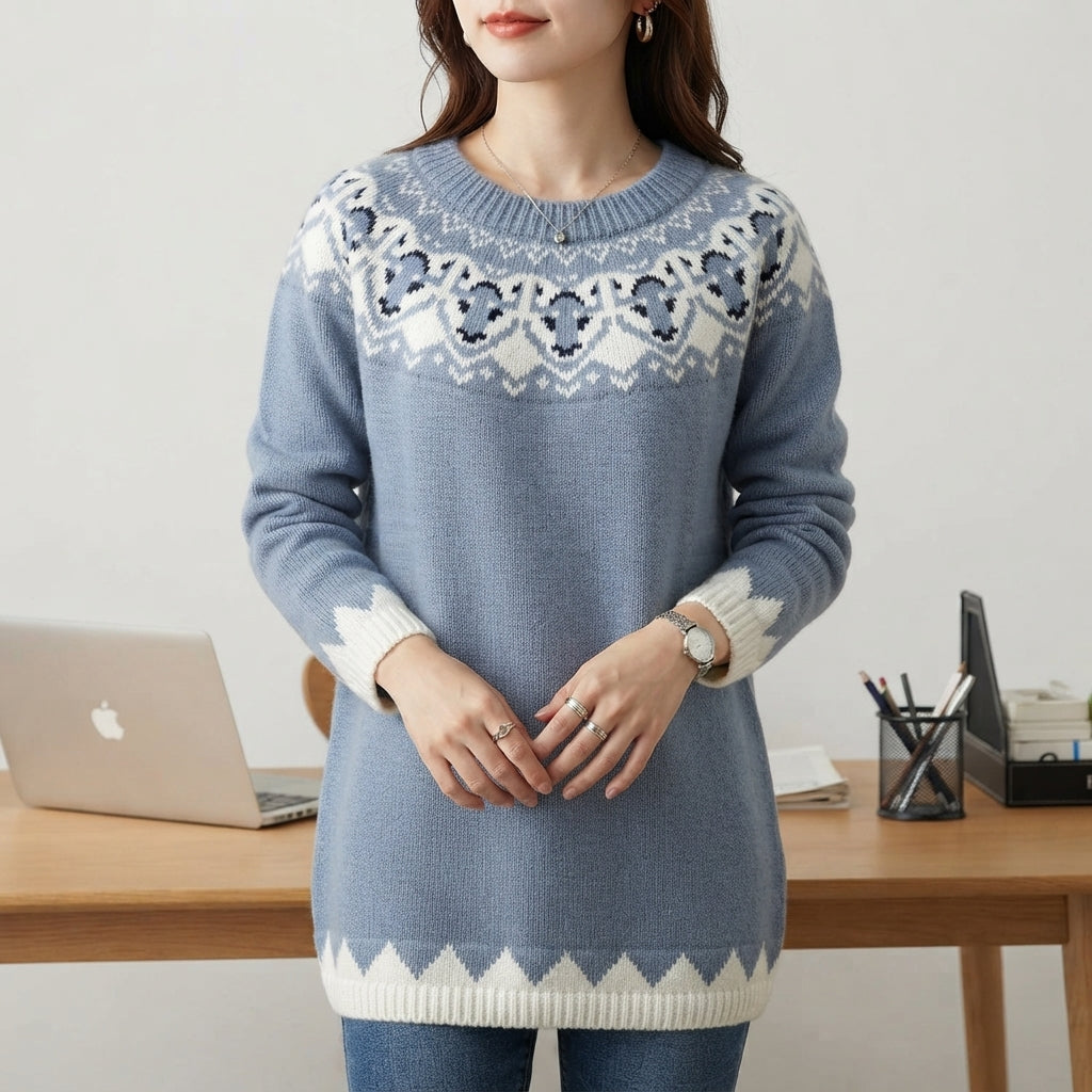 Women's Fair Isle Jumper with Crew Neck and Relaxed Fit