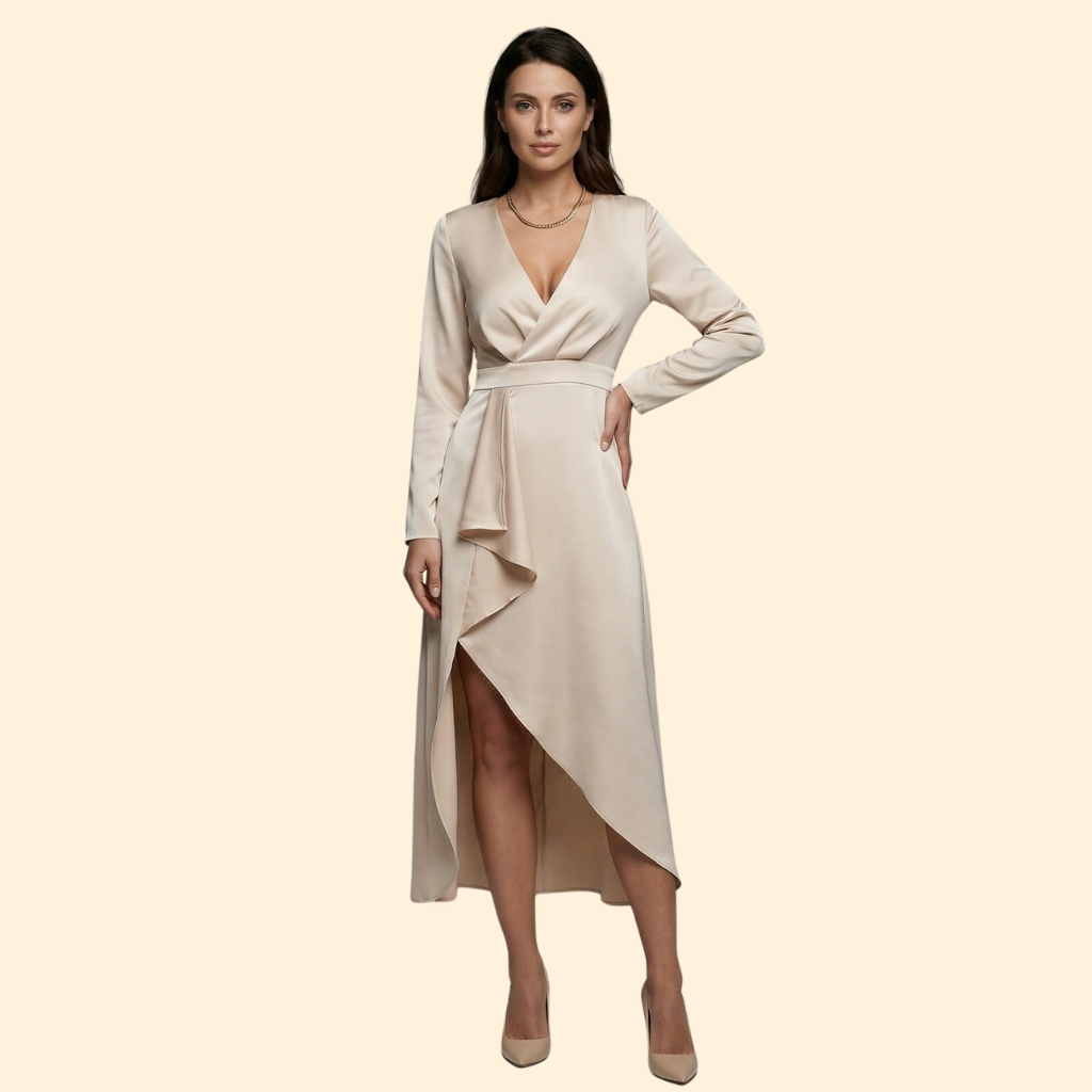 Women's Red Wrap Midi Dress with V-Neckline
