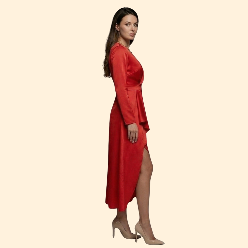 Women's Red Wrap Midi Dress with V-Neckline