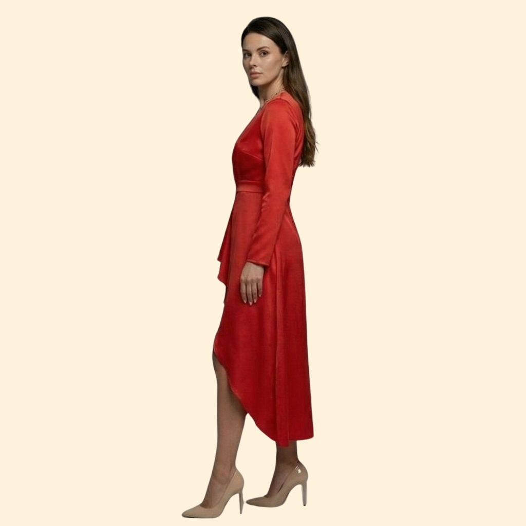 Women's Red Wrap Midi Dress with V-Neckline
