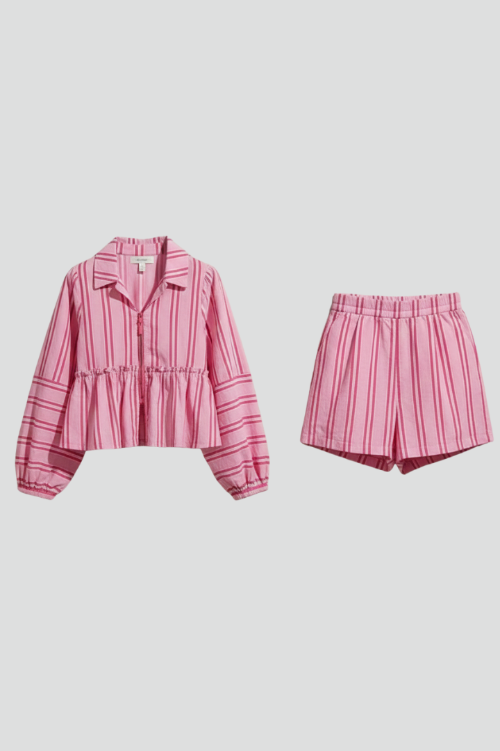 Women's Printed Two-Piece Summer Shorts Set – Relaxed Long Sleeve Collared Blouse with Gathered Waist and High Waisted Shorts for Holiday Wear