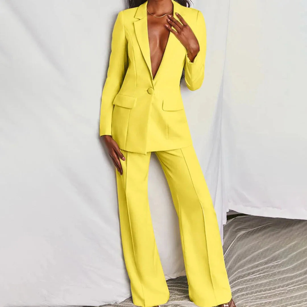Women’s Tailored Longline Blazer and Wide Leg Trouser Suit – Elegant Single Button Two-Piece Outfit for Business and Formal Occasions
