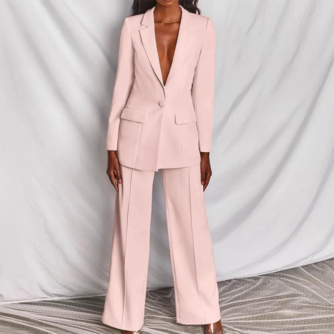 Women’s Tailored Longline Blazer and Wide Leg Trouser Suit – Elegant Single Button Two-Piece Outfit for Business and Formal Occasions