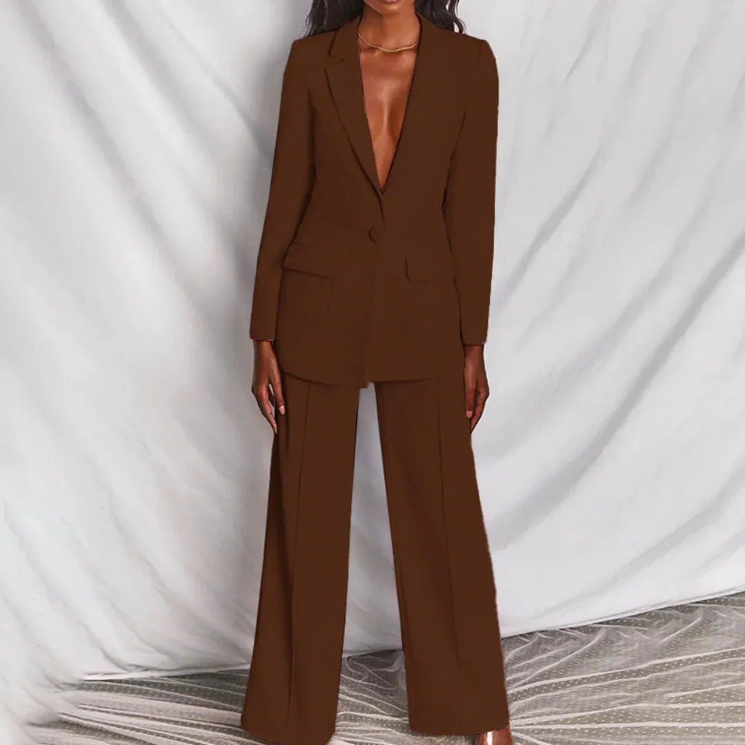 Women’s Tailored Longline Blazer and Wide Leg Trouser Suit – Elegant Single Button Two-Piece Outfit for Business and Formal Occasions