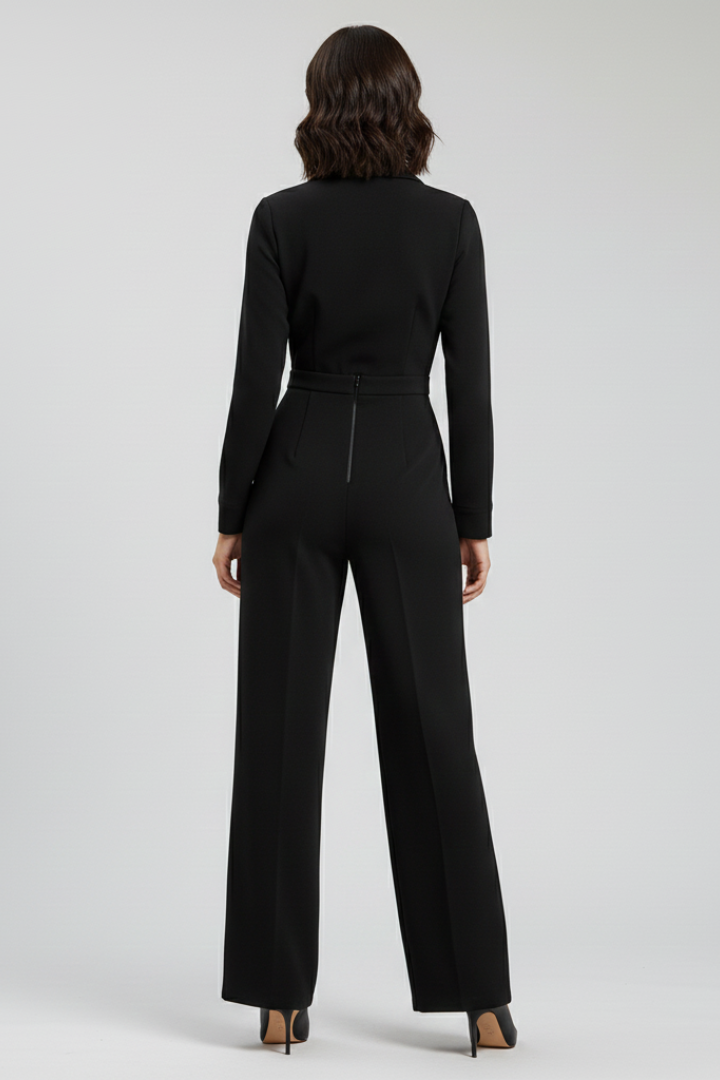 Women's Tailored Wrap-Front Jumpsuit with Shirt Collar – Elegant Wide-Leg Style for Office and Evening Wear