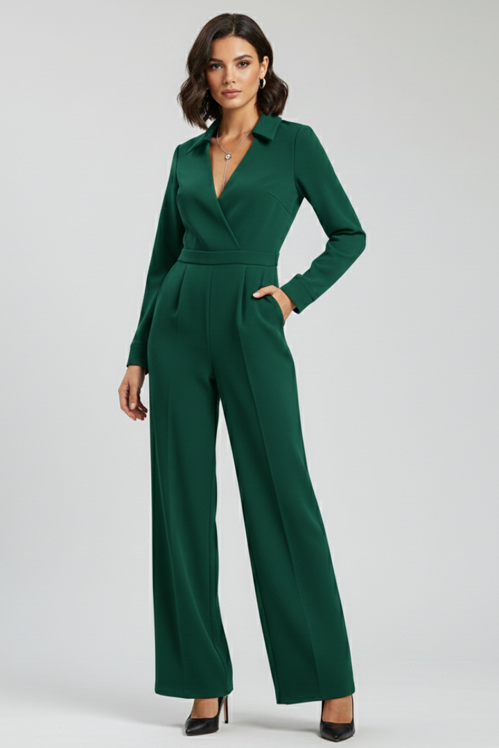 Women's Tailored Wrap-Front Jumpsuit with Shirt Collar – Elegant Wide-Leg Style for Office and Evening Wear