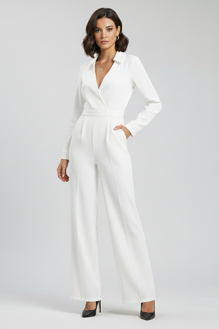 Women's Tailored Wrap-Front Jumpsuit with Shirt Collar – Elegant Wide-Leg Style for Office and Evening Wear