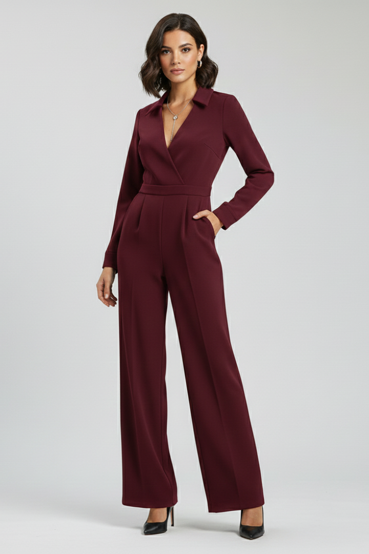 Women's Tailored Wrap-Front Jumpsuit with Shirt Collar – Elegant Wide-Leg Style for Office and Evening Wear
