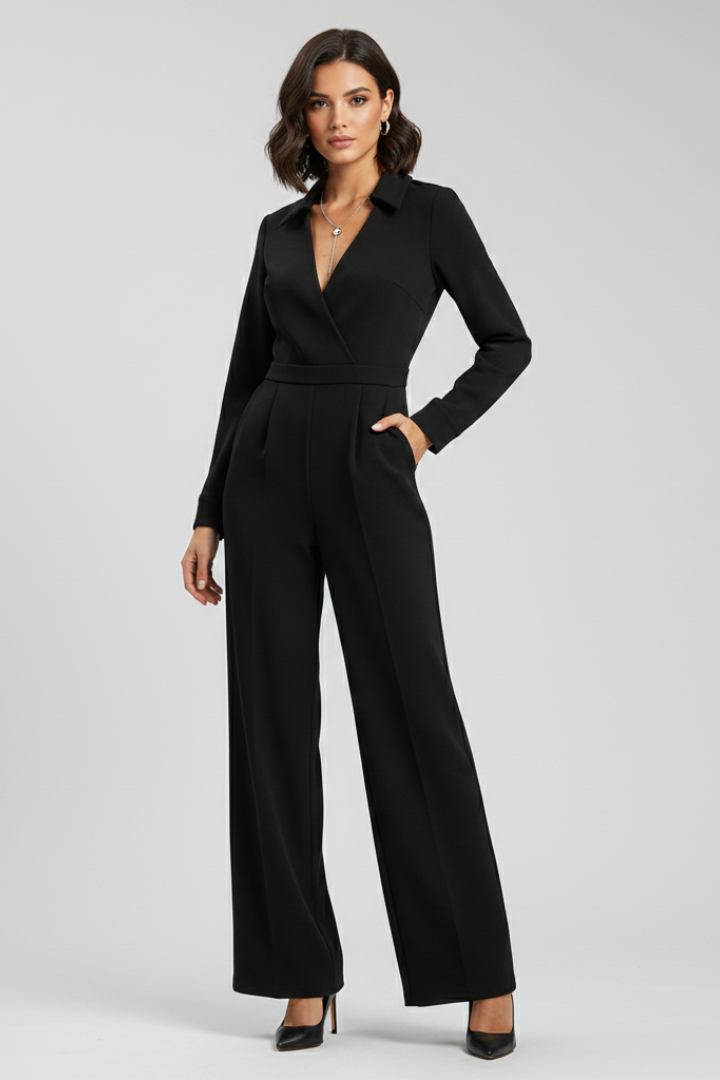 Women's Tailored Wrap-Front Jumpsuit with Shirt Collar – Elegant Wide-Leg Style for Office and Evening Wear