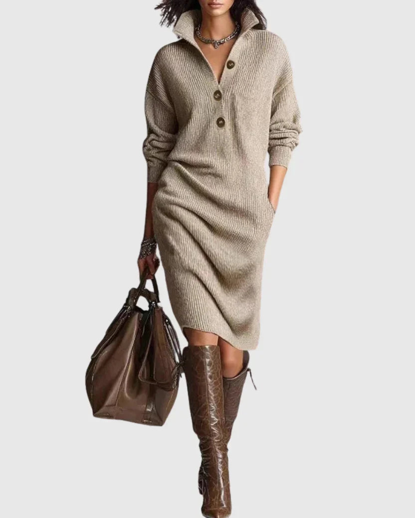 Women's Knit Midi Dress | Long Sleeve Collared Sweater Dress