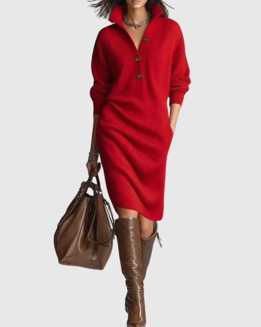 Women's Knit Midi Dress | Long Sleeve Collared Sweater Dress