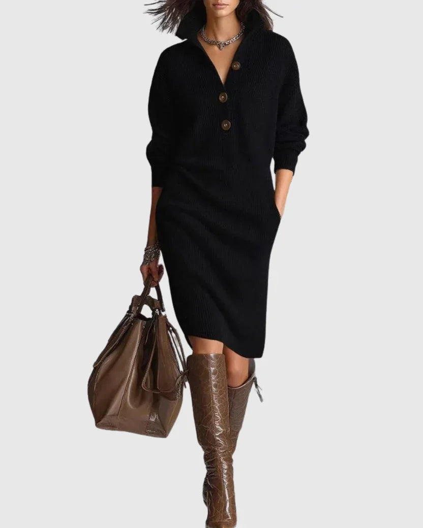 Women's Knit Midi Dress | Long Sleeve Collared Sweater Dress