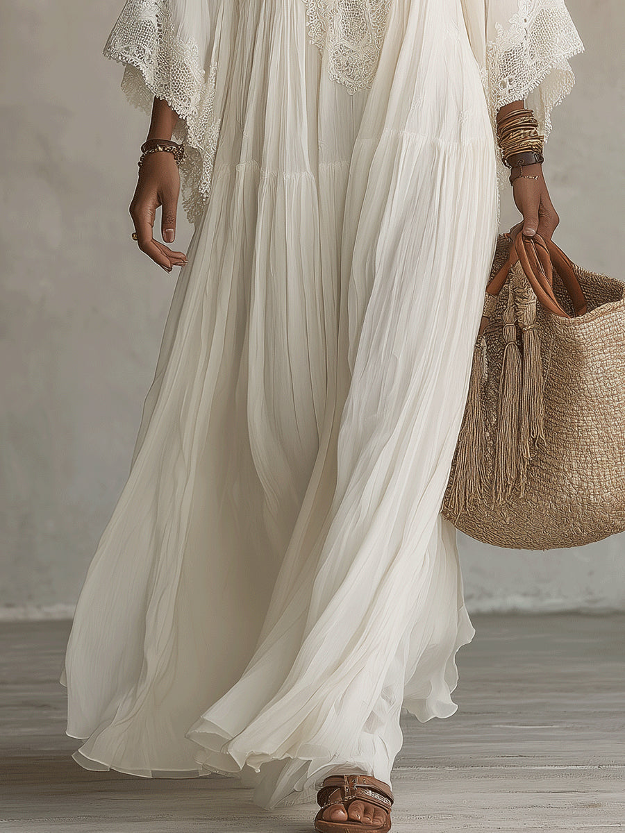 Millie | White Lace V-neck Batwing Sleeve Chiffon Maxi Dress
