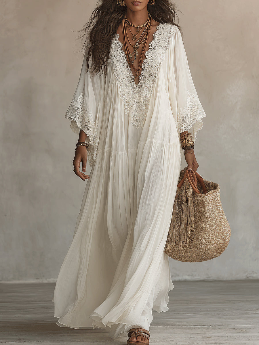 Millie | White Lace V-neck Batwing Sleeve Chiffon Maxi Dress