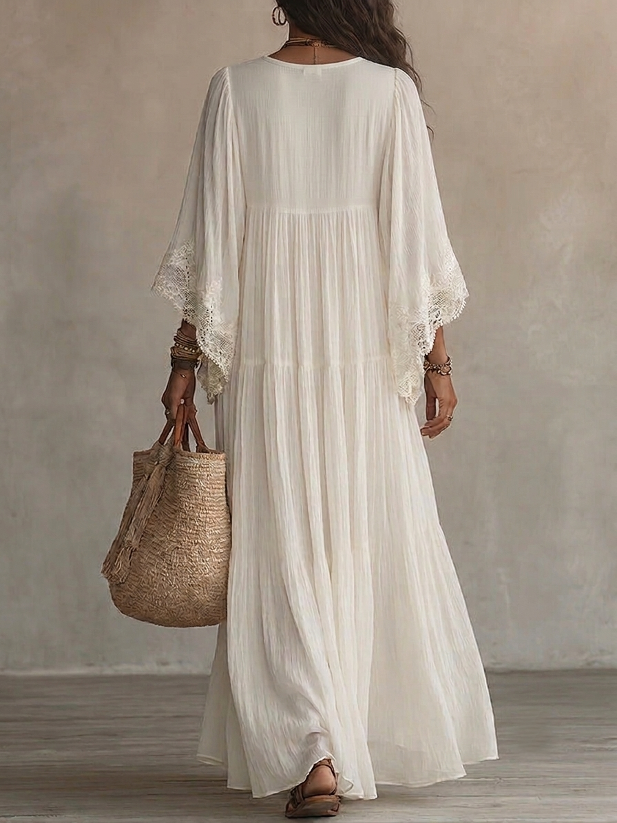 Millie | White Lace V-neck Batwing Sleeve Chiffon Maxi Dress