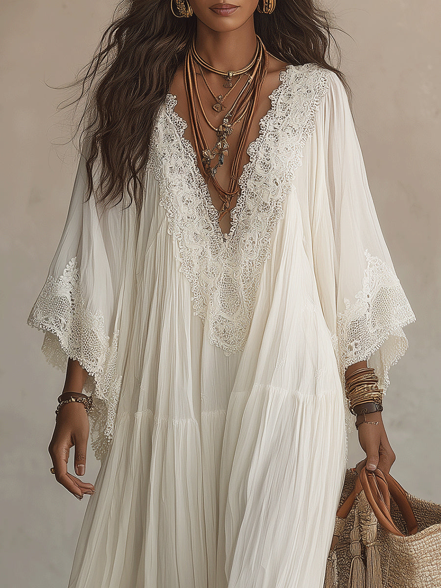 Millie | White Lace V-neck Batwing Sleeve Chiffon Maxi Dress