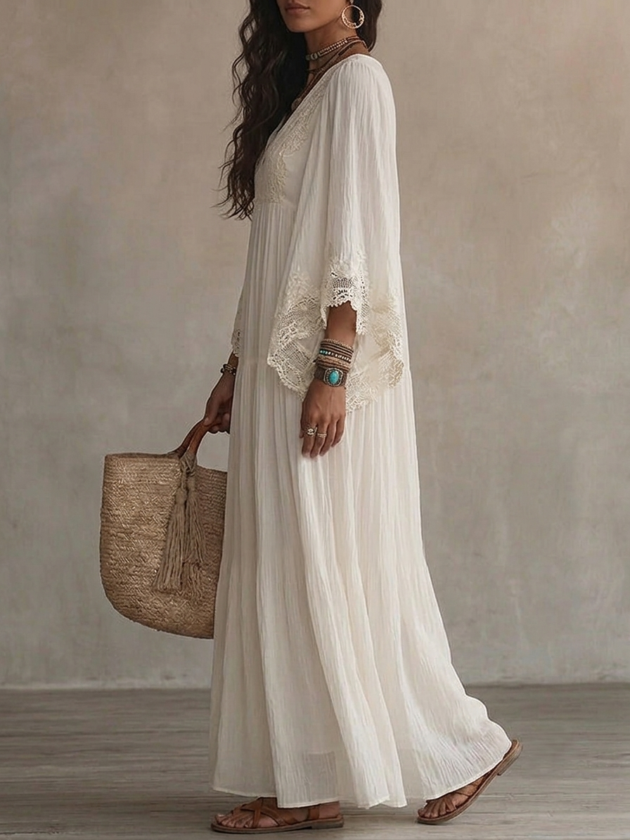 Millie | White Lace V-neck Batwing Sleeve Chiffon Maxi Dress