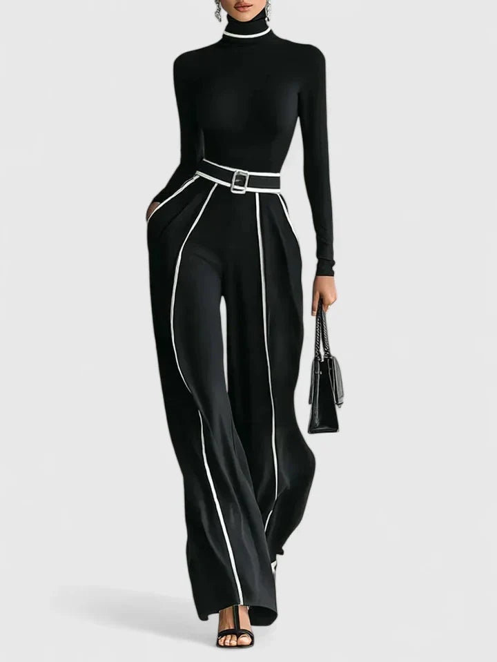 Women’s High-Neck Top and Belted Wide-Leg Trouser Set – Elegant Contrast Trim for Work and Evening Wear