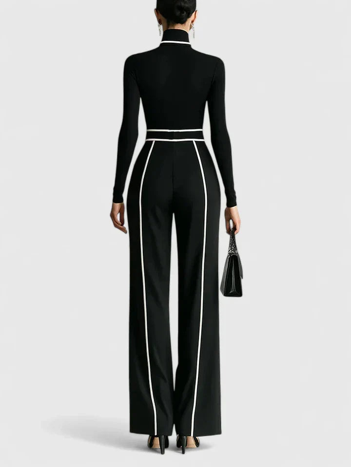 Women’s High-Neck Top and Belted Wide-Leg Trouser Set – Elegant Contrast Trim for Work and Evening Wear