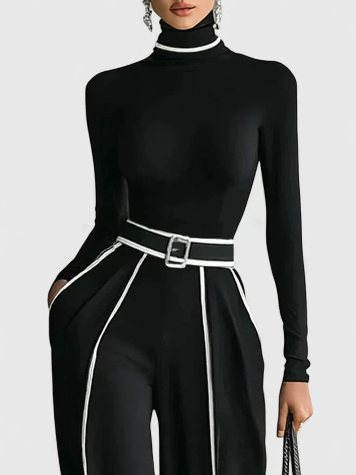 Women’s High-Neck Top and Belted Wide-Leg Trouser Set – Elegant Contrast Trim for Work and Evening Wear