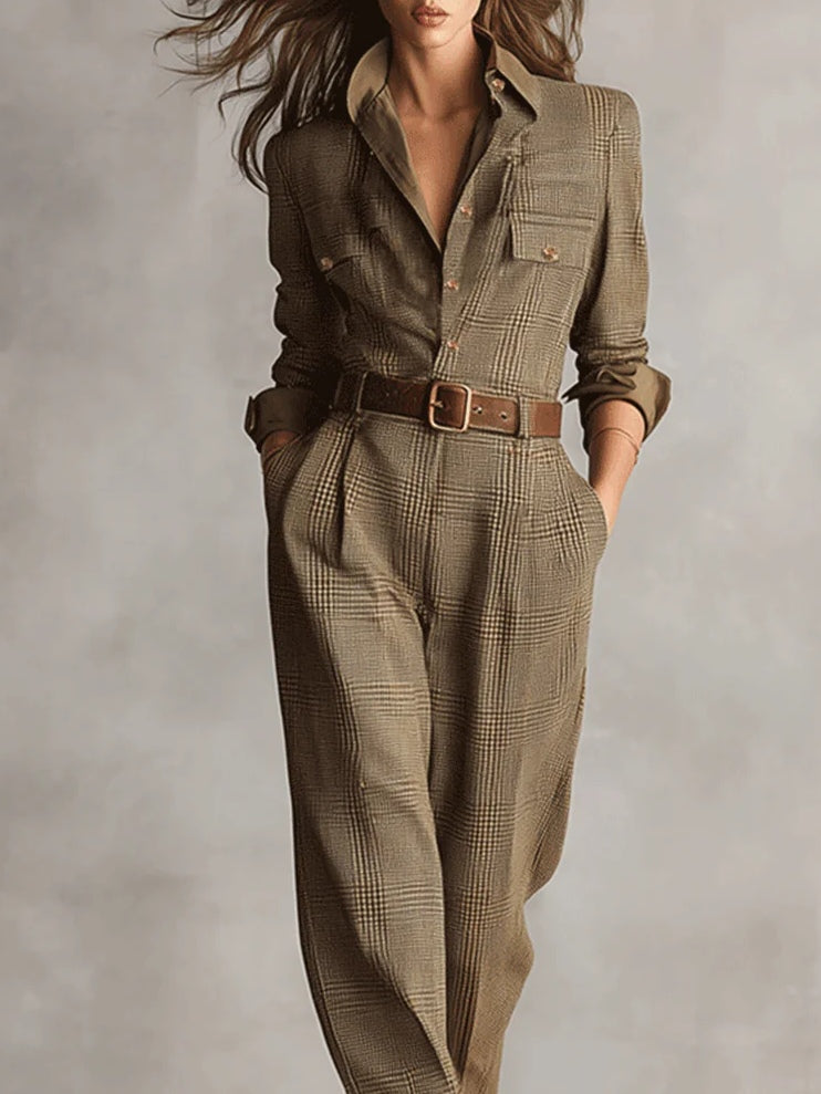 Women’s Textured Tweed Utility Jumpsuit with Button Front and Tailored Waist – Elegant Long Sleeve Outfit for Smart Casual Wear