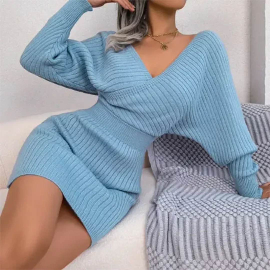Women’s Ribbed Knit V-Neck Mini Dress