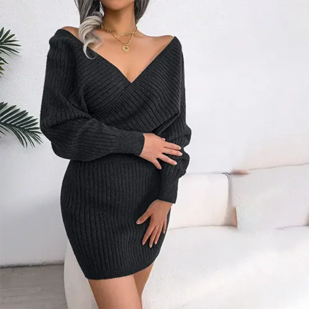 Women’s Ribbed Knit V-Neck Mini Dress
