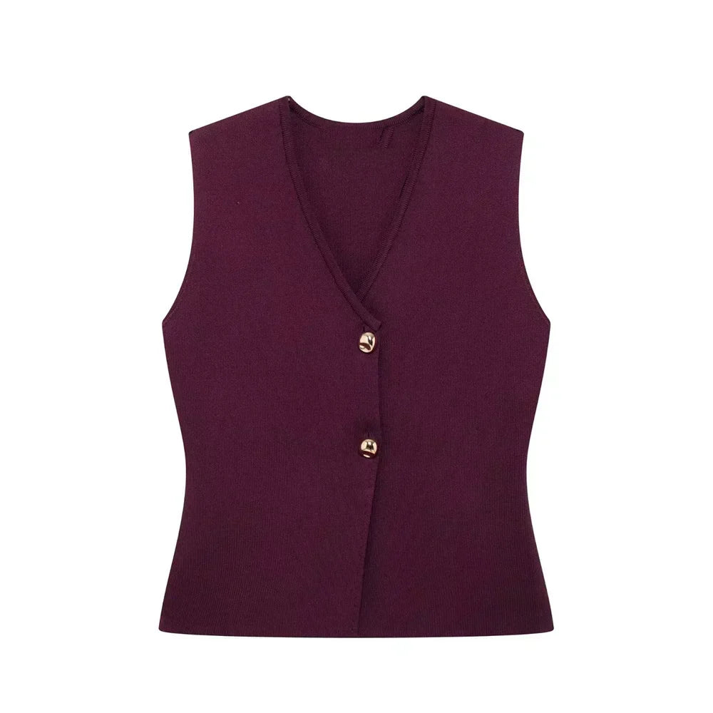 Women's Elegant Sleeveless Knitted Waistcoat with Asymmetric Button Front – Fitted V Neck Vest Top for Smart Casual and Office Wear
