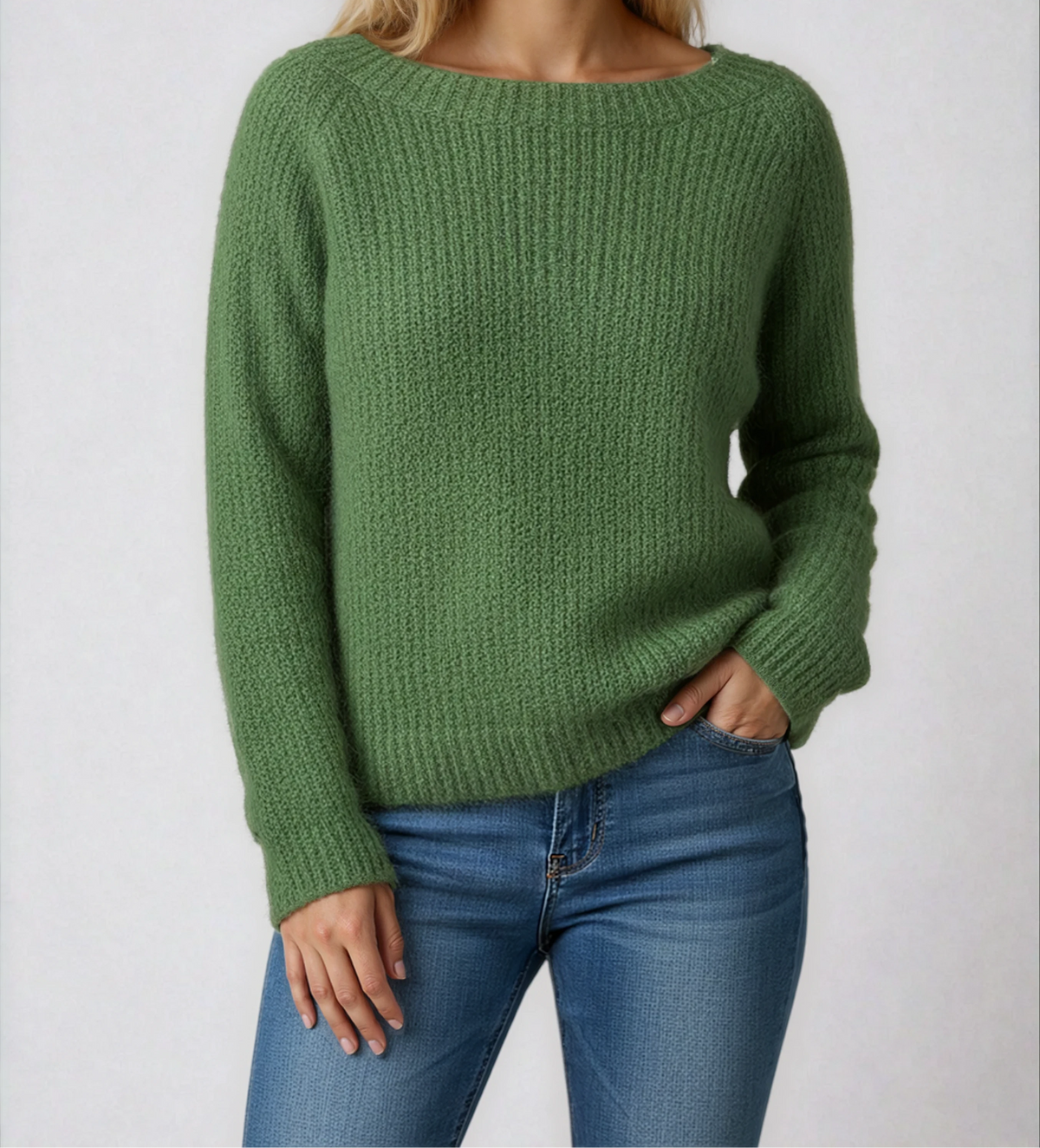 Women's Textured Boat Neck Knit Sweater – Relaxed Long Sleeve Pullover with Ribbed Trims for Autumn and Winter