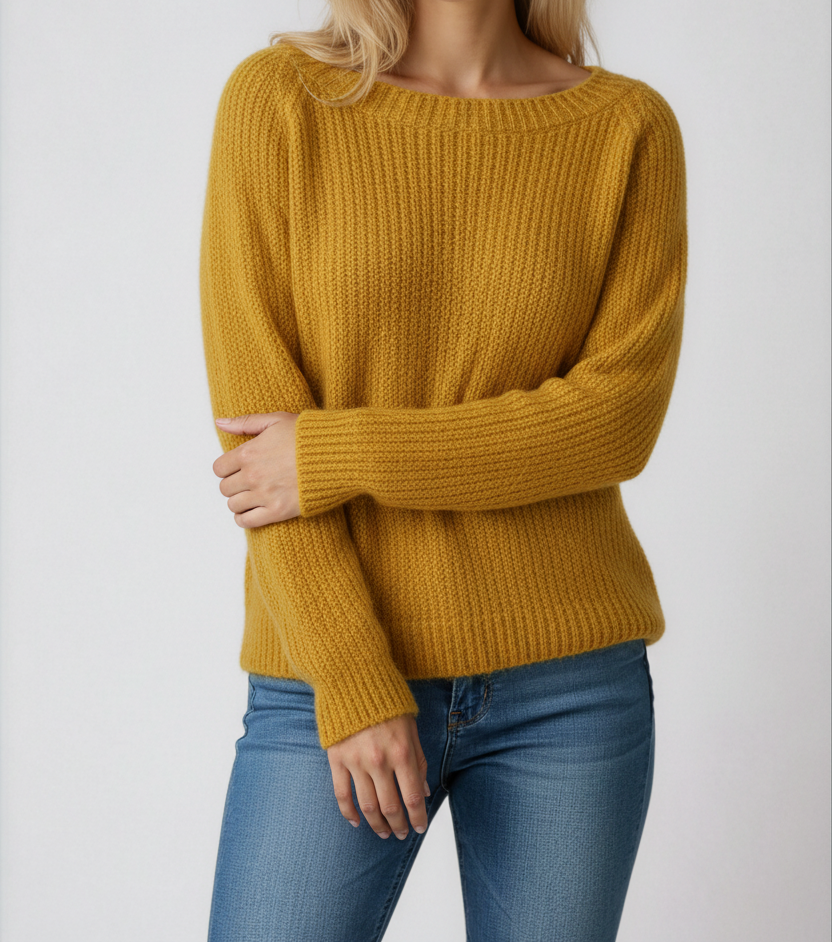 Women's Textured Boat Neck Knit Sweater – Relaxed Long Sleeve Pullover with Ribbed Trims for Autumn and Winter