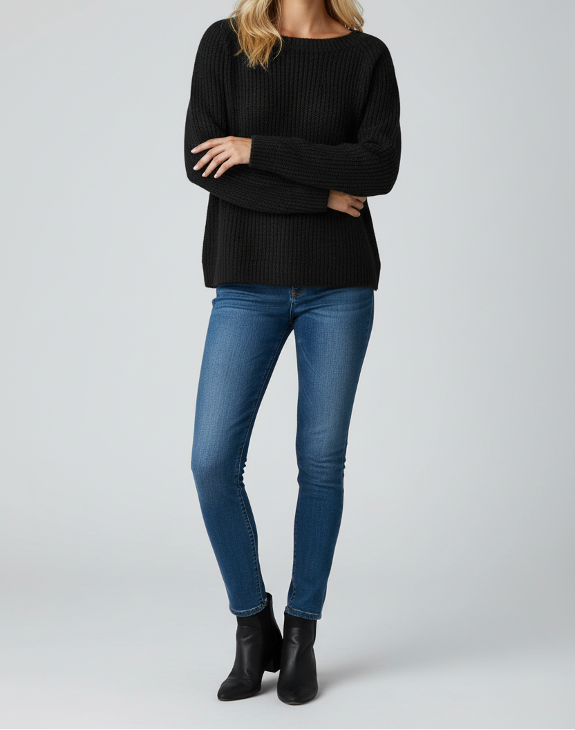 Women's Textured Boat Neck Knit Sweater – Relaxed Long Sleeve Pullover with Ribbed Trims for Autumn and Winter