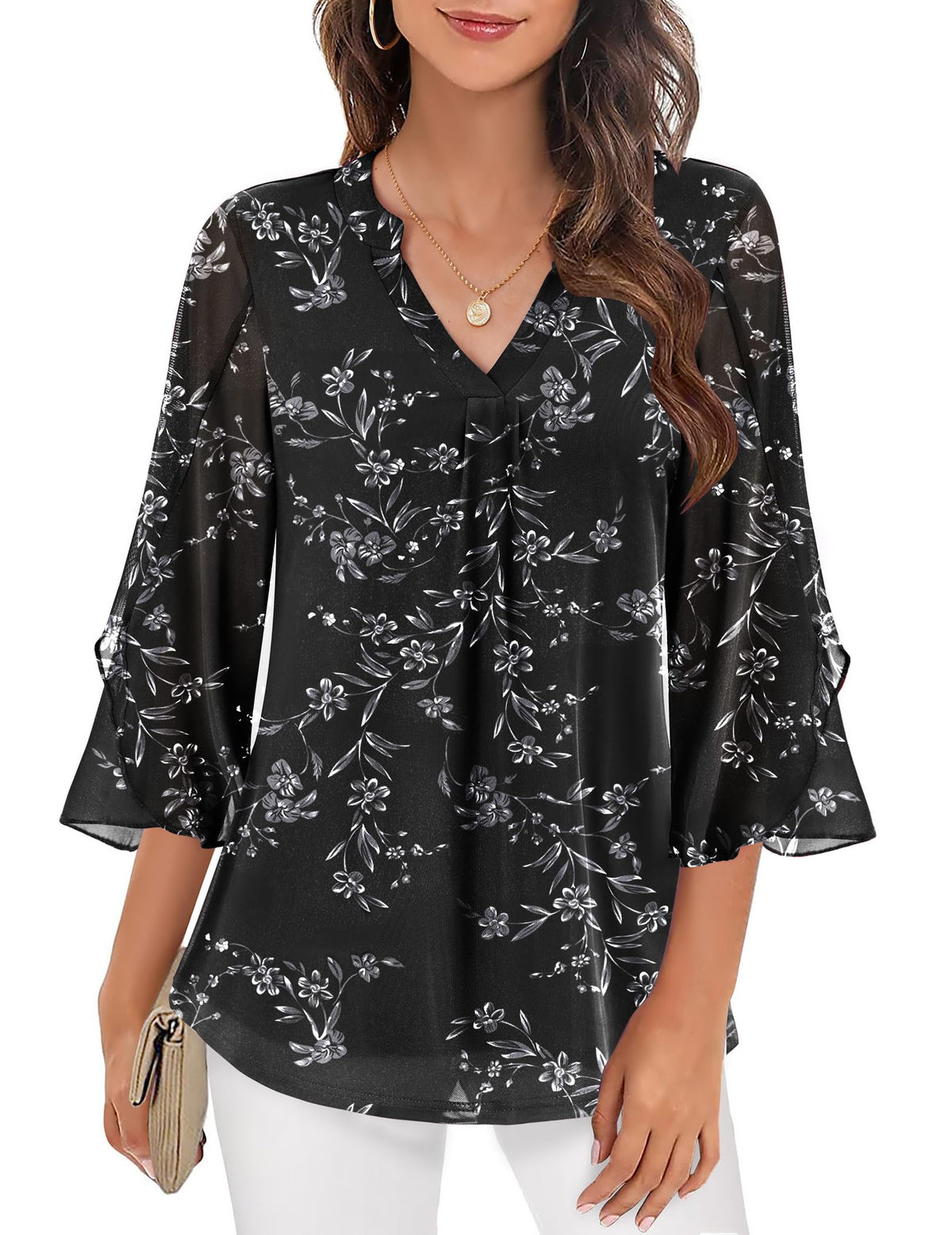 Women's Elegant Printed Mesh V Neck Blouse with Flared Three Quarter Sleeves – Lightweight Layered Top for Office and Smart Casual Wear