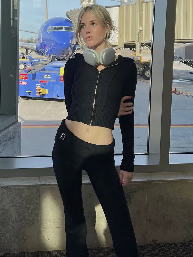 Women's Zip Front Lounge Set with Cropped Top and Flared Trousers