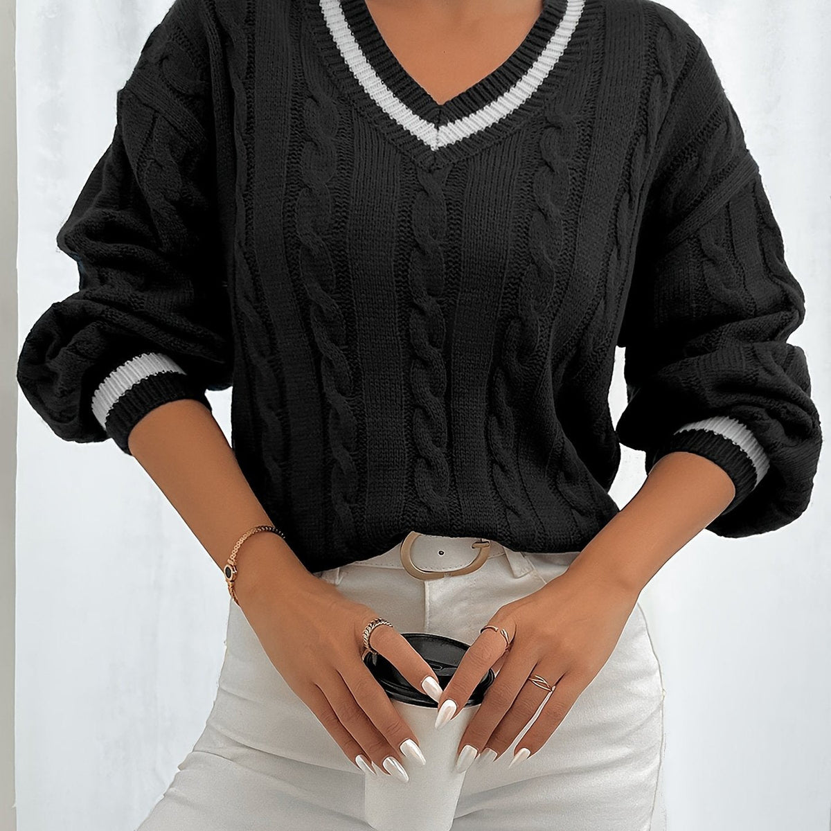 Camryn | V Neck Cable Knit Sweater