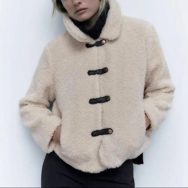 Women’s Plush Teddy Fleece Jacket with Toggle Fastenings and High Collar – Soft Warm Short Winter Coat for Casual Everyday Wear